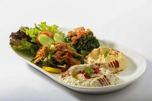 geassorteerd mengen voorgerechten met hummus, mutabal, fatoush, taboe en vers salade geserveerd in schotel kant visie van Arabisch voedsel foto