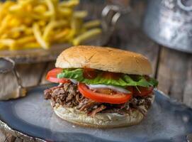 pittig krokant rundvlees shoarma hamburger geserveerd in schotel kant visie Aan houten tafel achtergrond foto