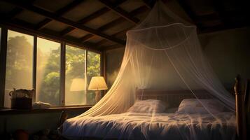ai gegenereerd verlichte mug netto over- bed in de Gasthuis foto