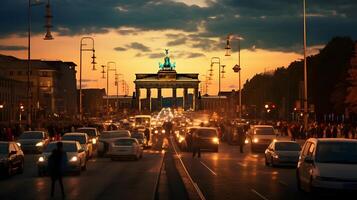 ai gegenereerd nacht tafereel Brandenburg poort lit met auto voetganger verkeer Bij nacht Aan onder hol linde berlijn Duitsland Europa foto