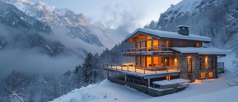 ai gegenereerd cabine in alpine regio voor berg avonturen foto