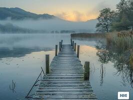 ai gegenereerd kalmte meer Bij dageraad met houten dok foto