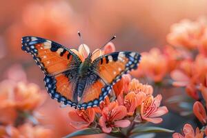 ai gegenereerd vlinder Aan een bloeiend bloem foto