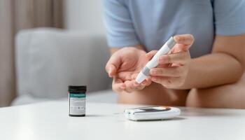 Aziatisch vrouw gebruik makend van lancet Aan vinger voor controle bloed suiker niveau door glucose meter, suikerziekte. foto