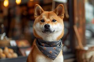 ai gegenereerd shiba inu hond zittend met een bandana voor bespotten omhoog . generatief ai foto