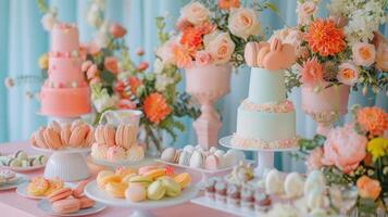 ai gegenereerd toetje bar met een assortiment van kleurrijk macarons. elegant zoet tafel versierd met pastel gekleurde decor en bloemen foto