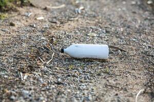 plastic fles Aan de kust van de meer. milieu vervuiling. plastic verspilling Aan de strand. foto