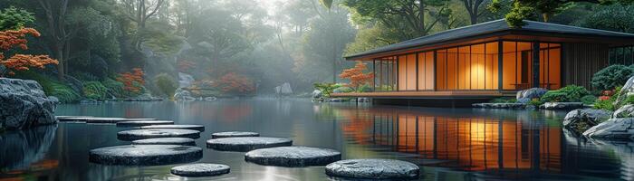 ai gegenereerd rustig Japans koi vijver tuin met stepping stenen en traditioneel thee huis. foto