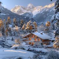 ai gegenereerd traditioneel Zwitsers chalet temidden van besneeuwd Alpen aanbieden knus terugtrekken foto