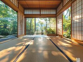 ai gegenereerd traditioneel Japans thee kamer met tatami vloeren en shoji schermen foto