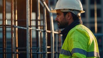 ai gegenereerd een Mens in een oranje veiligheid hesje en moeilijk hoed op zoek Bij de bouw plaats foto