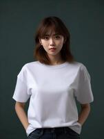 ai gegenereerd portret van een mooi Aziatisch vrouw in wit t-shirt foto