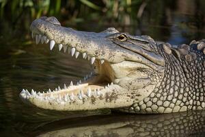 ai gegenereerd indrukwekkend dichtbij omhoog vangt de afschrikwekkend kaak van een Nijl krokodil foto