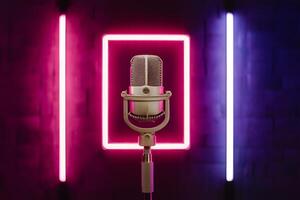 ai gegenereerd neon lit sfeer sets de stadium voor studio microfoon elegantie foto