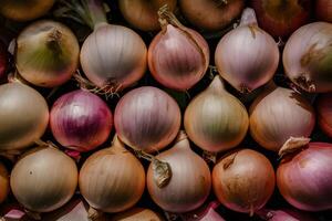 ai gegenereerd uien gevonden Aan markt kraam, ui concept, culinaire achtergrond foto