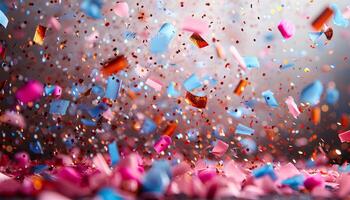 ai gegenereerd kleurrijk confetti vallend Aan achtergrond. roze en blauw confetti voor verjaardag partijen en andere vieringen en festiviteiten. verschillend vormig confetti foto