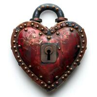 ai gegenereerd hart vormig slot geïsoleerd Aan wit achtergrond met schaduw. rustiek en oud hart vormig op slot doen. oud sleutel slot foto