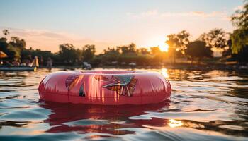 ai gegenereerd zwembad vlotter in zwembad gedurende zonsondergang. detailopname van zwembad vlotter drijvend in een zwembad vol van water omringd door palm bomen gedurende een tropisch vakantie. zomertijd werkzaamheid foto