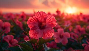 ai gegenereerd rood hibiscus bloem veld- bloeiend gedurende de zonsondergang. rood hibiscus detailopname. rood bloem onder de zon foto