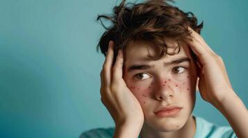 ai gegenereerd tiener- jongen hebben acne probleem , gelaats huid problemen . foto