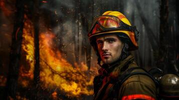 ai gegenereerd portret van brandweerman met wildvuur ramp Aan achtergrond . foto