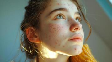 ai gegenereerd tiener- meisje hebben acne probleem , gelaats huid problemen . foto