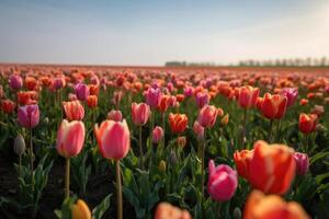 ai gegenereerd veld- van rood-roze tulpen, zonnig dag, lente, natuur landschap, buitenshuis. natuurlijk bloemen banier met kopiëren ruimte. groet kaart voor voorjaar vakantie. foto