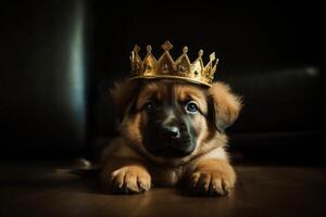 ai gegenereerd weinig schattig pluizig Duitse herder puppy vervelend gouden kroon Aan zijn hoofd, houdende Aan verdieping in donker kamer. Koninklijk ras, koning hond. foto