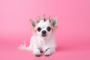 ai gegenereerd pluizig wit chihuahua hond vervelend gouden kroon met robijnen Aan haar hoofd, houdende in centrum van roze solide achtergrond. Koninklijk ras, koningin hond. mode schoonheid voor huisdieren. foto