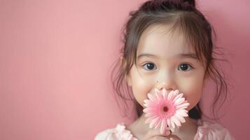 ai gegenereerd weinig meisje met een roze bloem Aan pastel roze achtergrond foto