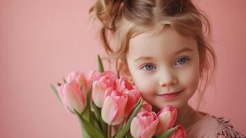 ai gegenereerd weinig meisje met een boeket van tulpen Aan pastel roze achtergrond foto