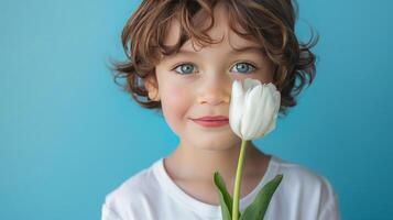 ai gegenereerd weinig jongen met een tulp bloem in haar handen Aan pastel blauw achtergrond foto