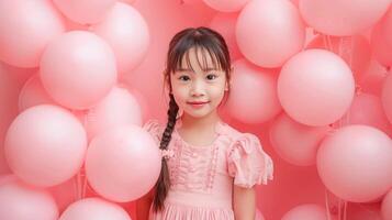 ai gegenereerd weinig meisje met veel roze ballonnen Aan pastel roze achtergrond foto