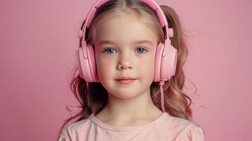 ai gegenereerd weinig meisje met groot roze hoofdtelefoons Aan pastel roze achtergrond foto