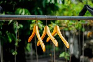 houten kleren hanger met een natuurlijk bladerrijk achtergrond in de tuin foto