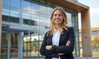 ai gegenereerd portret van een gelukkig bedrijf vrouw staand buiten een kantoor gebouw, staand met armen gekruist, zakenvrouw foto