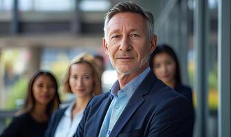 ai gegenereerd mannetje volwassen Kaukasisch Directeur zakenman leider met verschillend collega's team foto