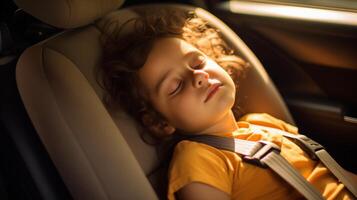 ai gegenereerd kind slapen in auto stoel binnen de auto. kind is links alleen in auto Aan een heet zomer dag. foto