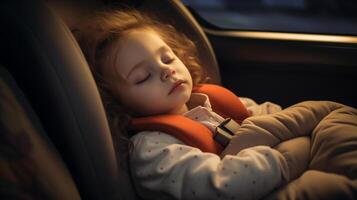 ai gegenereerd slapen kind in auto veiligheid stoel, vredig sluimeren gedurende reizen. warm licht instelling voegt toe naar de sereen humeur. perfect voor familie reizen en kind zorg concepten. foto
