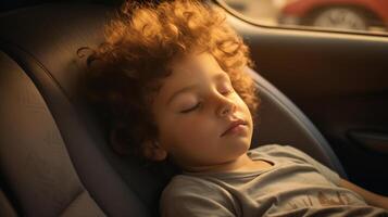 ai gegenereerd kind in slaap in auto stoel Bij zonsondergang. foto