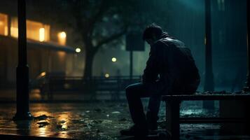 ai gegenereerd zichtbaar metafoor voor betreuren. eenzaam figuur gezeten Aan een park bank Aan een regenachtig nacht, gevangen genomen in een moment van eenzaamheid temidden van een verlichte stad achtergrond. foto