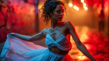 ai gegenereerd elegant vrouw dansen in een vloeiende wit jurk met dynamisch rood en blauw neon verlichting. foto