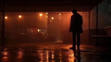 ai gegenereerd zichtbaar metafoor voor betreuren. aftekenen figuur staand alleen Aan een regenachtig nacht verlichte door stad lichten, oproepen tot eenzaamheid in een stedelijk instelling. foto
