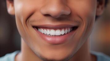 ai gegenereerd detailopname van een zelfverzekerd mannetje glimlach met Rechtdoor wit tanden. tandheelkundig zorg en zelfverzekerdheid concept voor ontwerp en afdrukken. foto