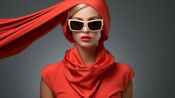 ai gegenereerd elegant vrouw met blond haar- vervelend een rood hoofddoek en zonnebril Aan een grijs achtergrond. studio mode en luxe levensstijl concept. ontwerp voor reclame, merk campagne. foto