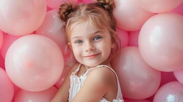 ai gegenereerd weinig meisje met veel roze ballonnen Aan pastel roze achtergrond foto