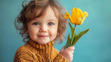 ai gegenereerd weinig jongen met een tulp bloem in haar handen Aan pastel blauw achtergrond foto