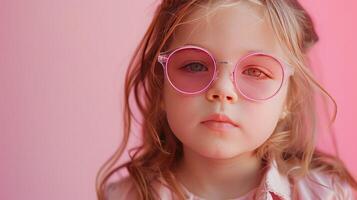 ai gegenereerd weinig meisje met zonnebril Aan pastel roze achtergrond foto
