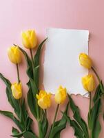 ai gegenereerd wit papier mockup met tulpen bloemen, voorjaar mockup foto