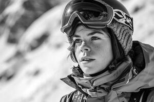 ai gegenereerd detailopname van een jong snowboarder nadenkend blik foto